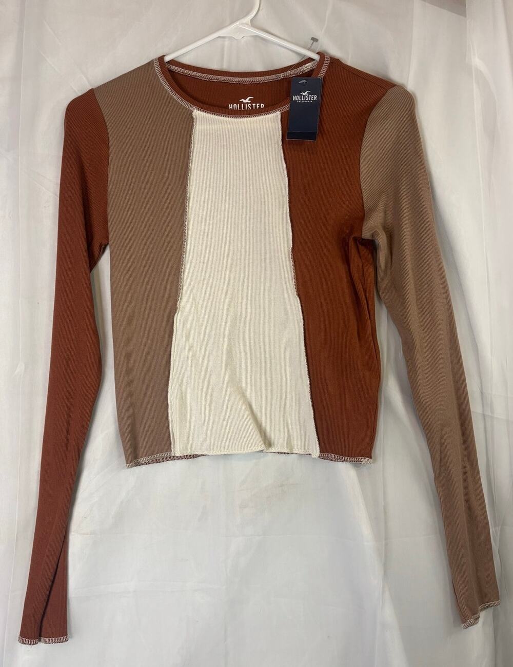 Hollister Brown Tan White Long Sleeve Baby Tee Size Medium NWT
